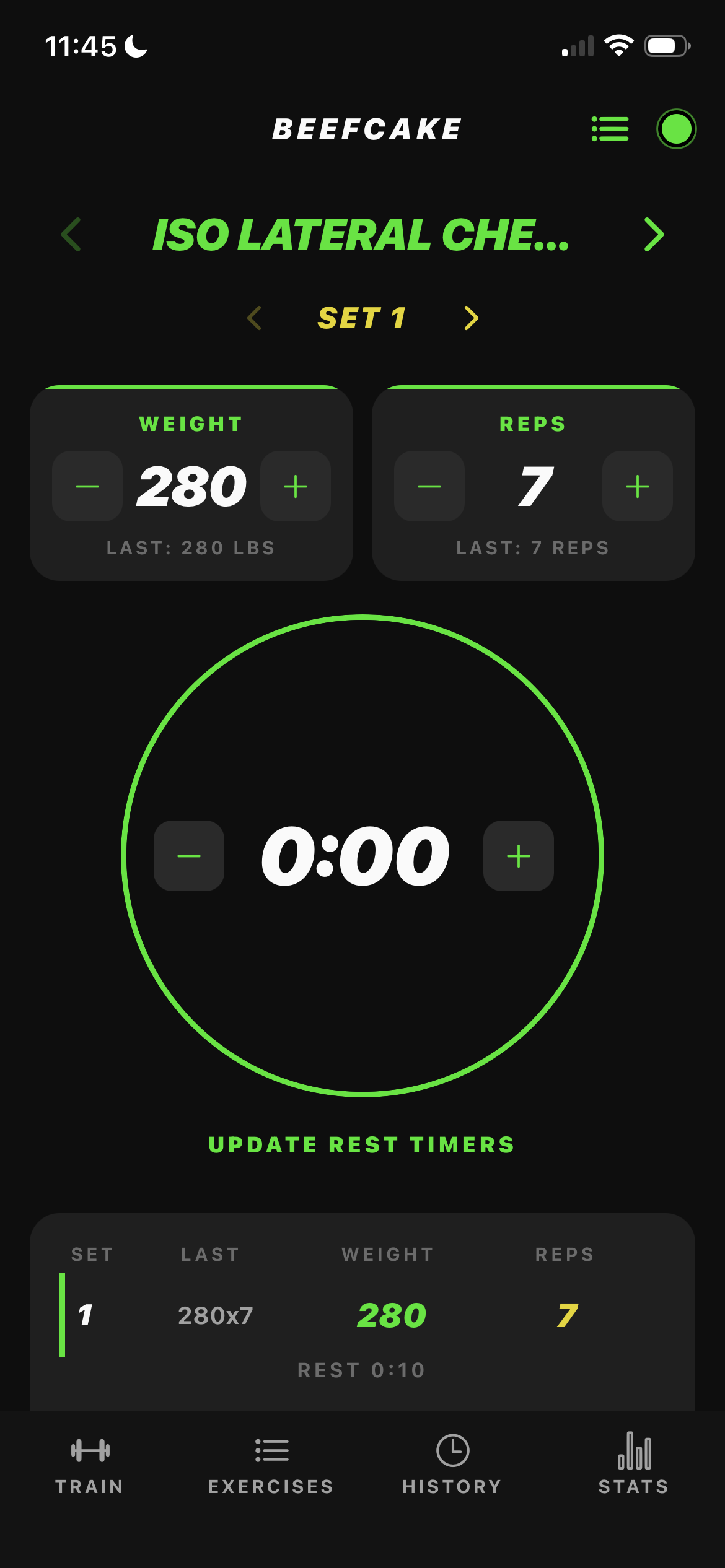 Beefcake app — logging a set during a workout